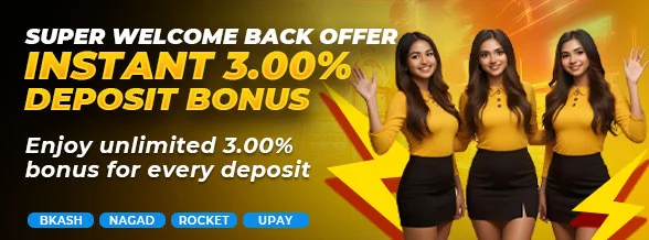 Come Back Offer 3.00% bonus promotion with smiling Indian woman on yellow background
