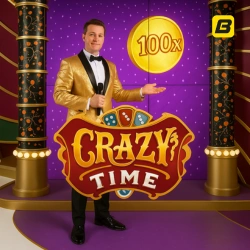 Crazy Time live casino game show host with 100x bonus wheel in colorful studio