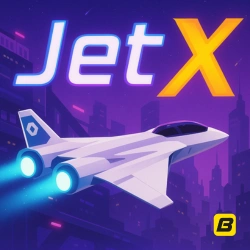 JetX crash game with flying fighter jet in purple space galaxy background